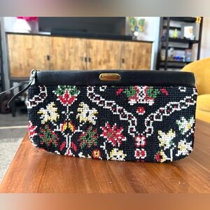 Floral Embroidered Black Clutch